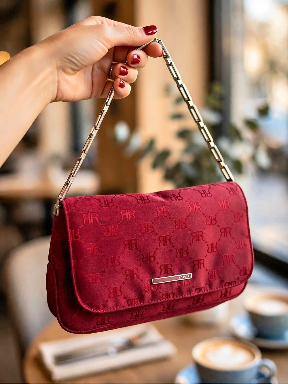 Rossetti Deep Red Shoulder Bag RR Monogram Chain Strap Baguette